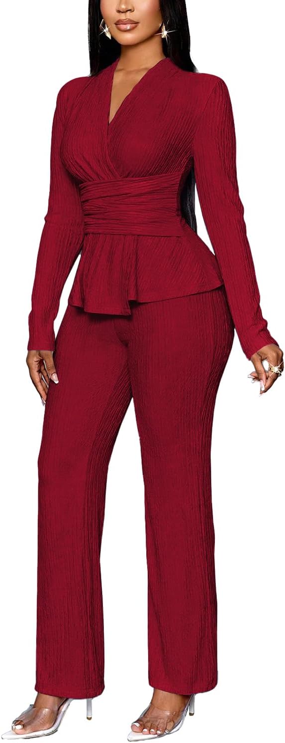 TOPSRANI Womens Bodycon Lounge Sets 2 Piece Outfits Casual Sweatsuits Tracksuit V-Neck Long Sleeve Cute Pants Sets