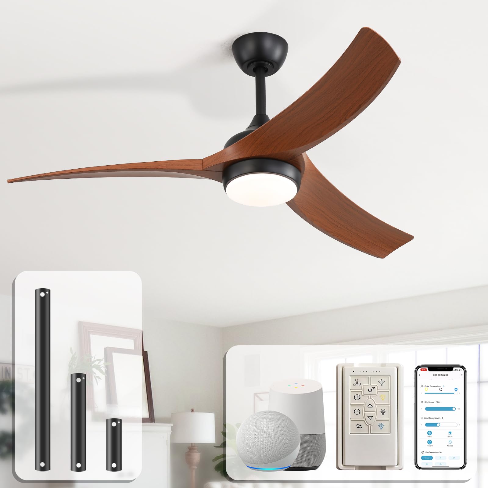 Sofucor 52 Inch Smart Ceiling Fan, Work with App/Alexa/Google, Outdoor Ceiling Fan with Lights Remote Control, Dimmable Airflow 6000CFM ABS 3 Blades Reversible DC Motor for Living Room Bedroom Patio