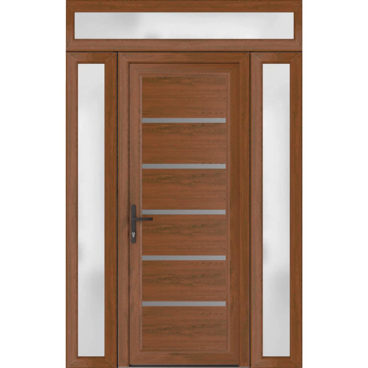 VDOMDOORS Front Exterior Door Prehung 30 x 80 inches | Manux 8415 Walnut | Entry Door with Frame | Metal Sidelite Transom | 2 Sidelites 16" Transom 14" | Right Hand | Front Entry