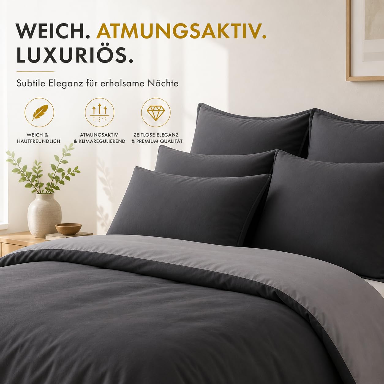 Sleeptime Bettwäsche 200x220 3-teilig - 100% Baumwolle - 1x Bettbezug 200x220 cm + 2X Kissenbezug 60x70 cm - Oeko-TEX®, Knopfverschlüsse, pflegeleicht - atmungsaktiv & hautfreundlich - Anthrazit Grau