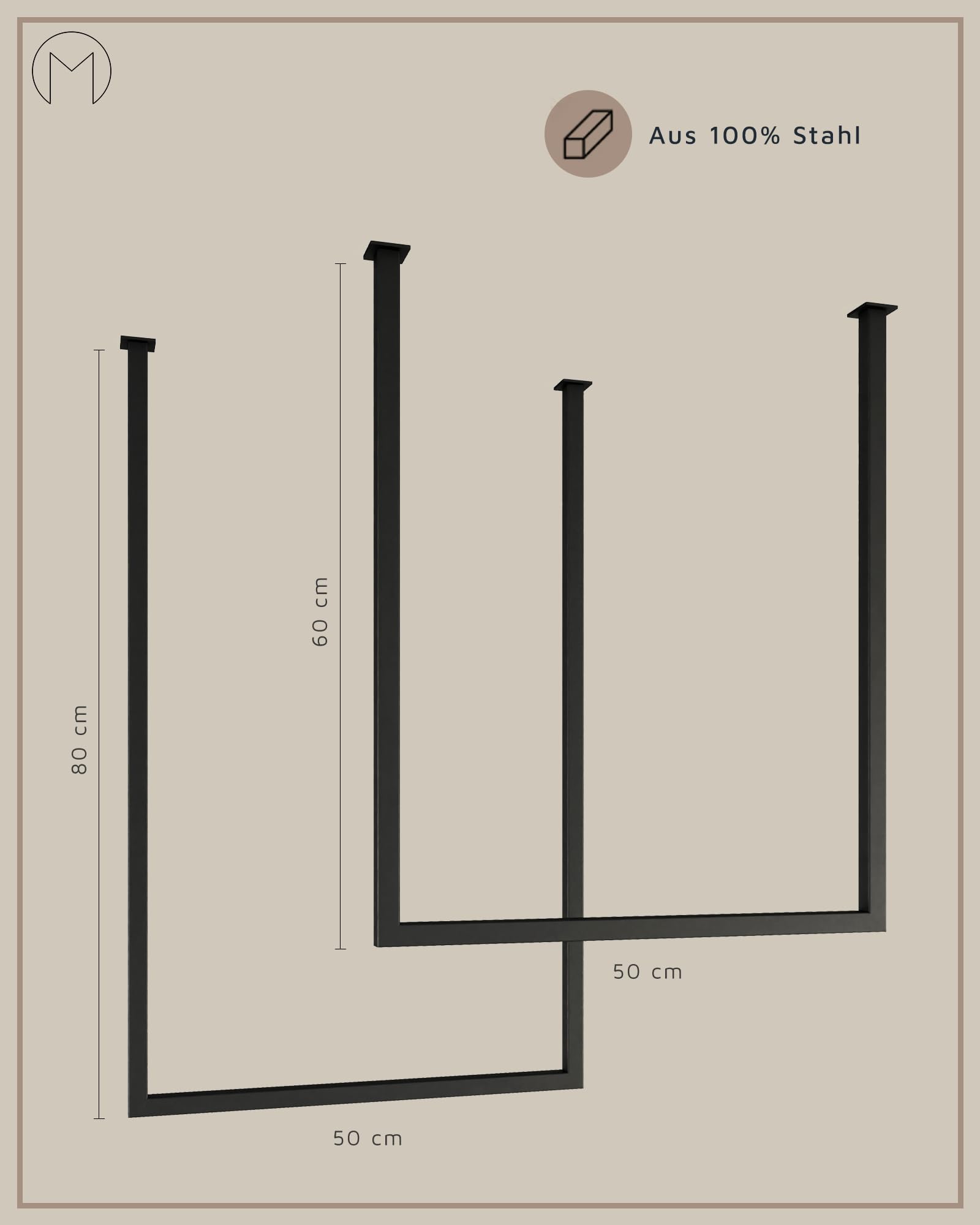 M Metallbude TENSI Design Handtuchhalter 2er-Set 60 x 50 cm & 80 x 50 cm Schwarz. Aus hochwertigem pulverbeschichtetem Stahl. Badezimmer. Minimalistisch. Stabil. Ohne sichtbare Verschraubungen.