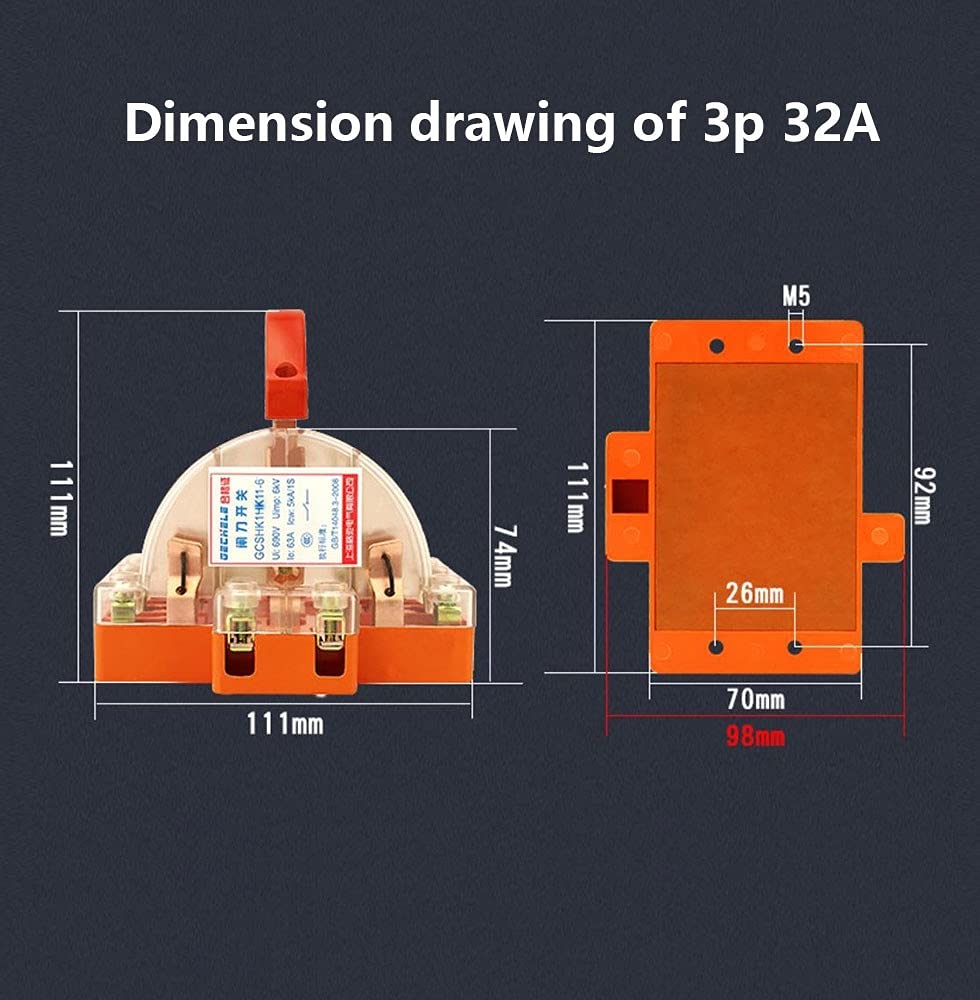 1PSC/32A/63A/100A/225A 3P Transparent with lamp Two Pole Double Throw Knife Disconnect Switch (Color : 3P 32A)