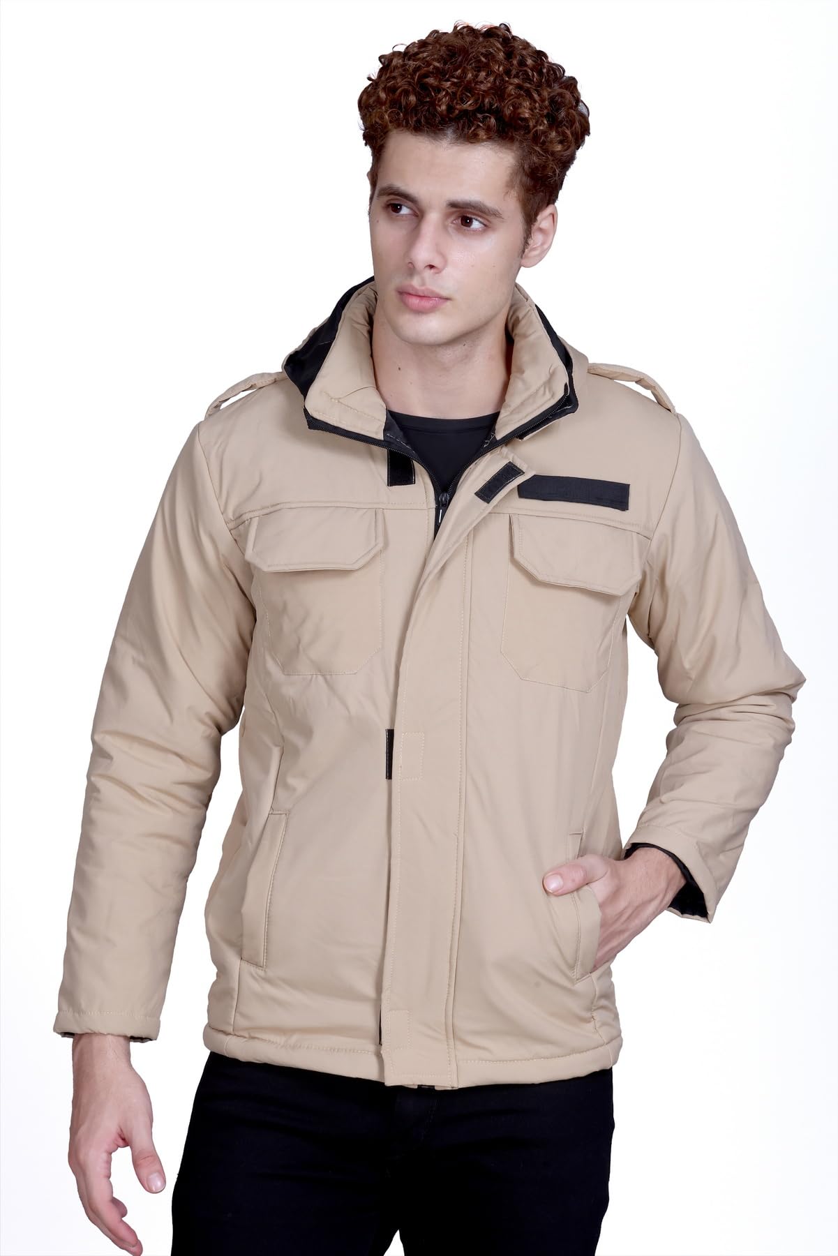sanhok Mens Khaki Police Jacket With Hooded - Windproof Waterproof Premium Imported Polyester Full Sleeve Zipper Regular Fit Puffer Military Jacket for Winter Casual Wear-picture-39