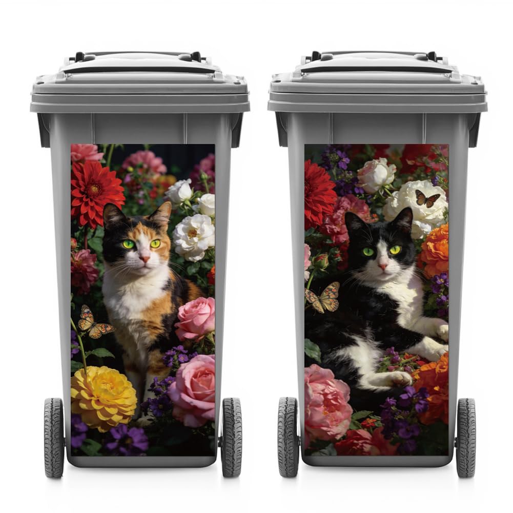 ANATTASOUL 2Pcs Cats Flower Animal Wheelie Bin Stickers for Bins Decorative