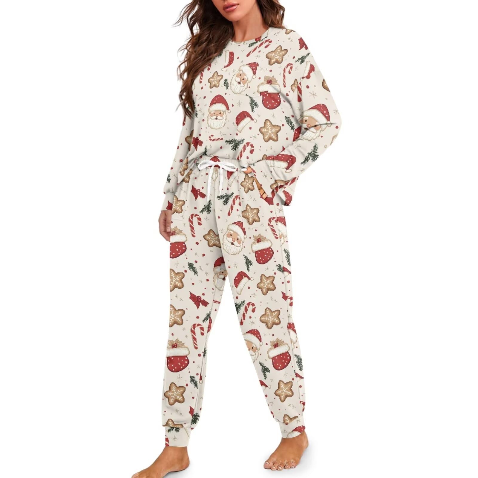 Women's Pajama Sets Santa Claus Star Print Long Sleeve Sleepwear 2 Piece Pjs Lounge Sets Round Neck Loungewear Soft Comfy Nightwear with Long Pants, L