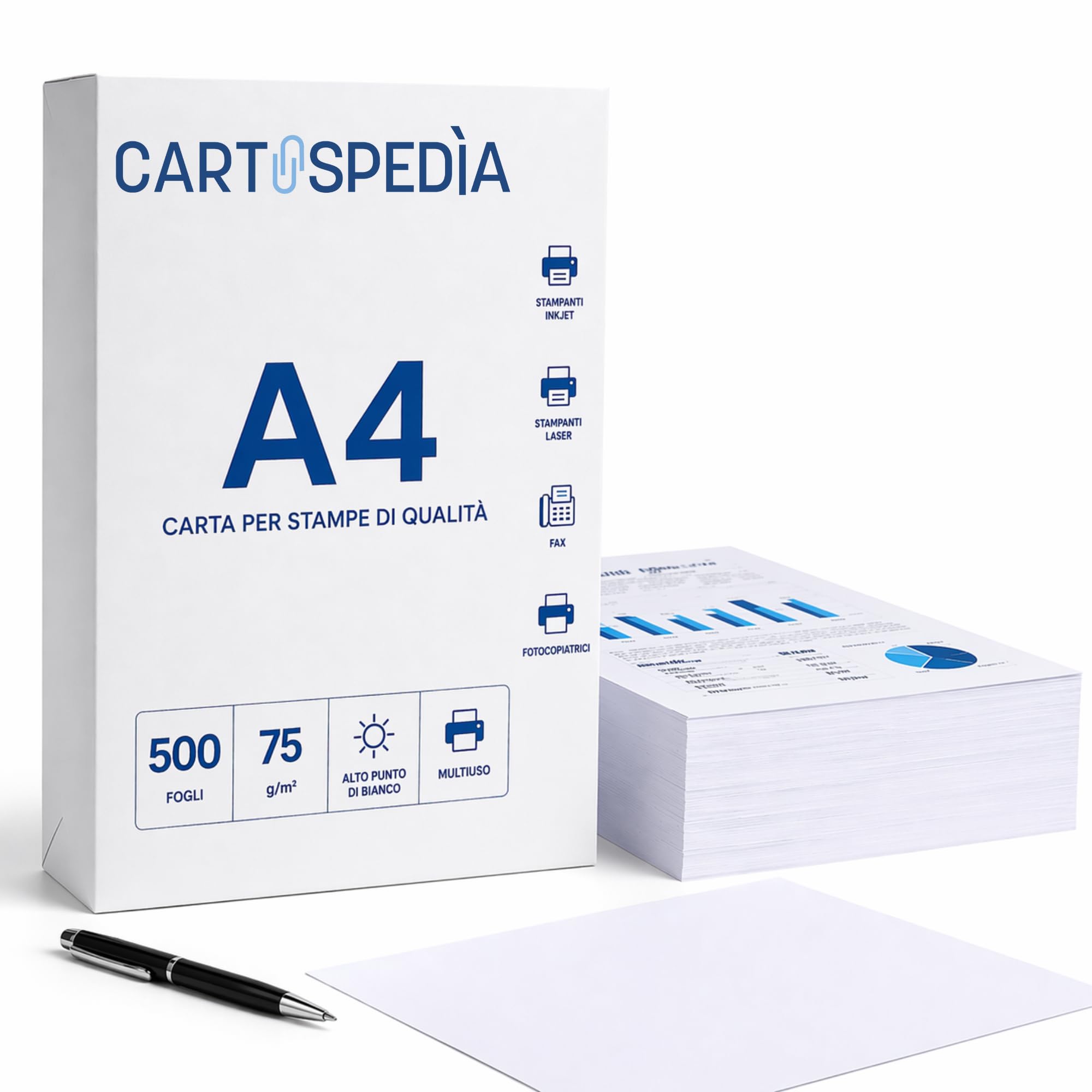 Risma Carta A4 500 Fogli 75g 21x29,7 cm per Stampante Inkjet Laser Fotocopiatrice