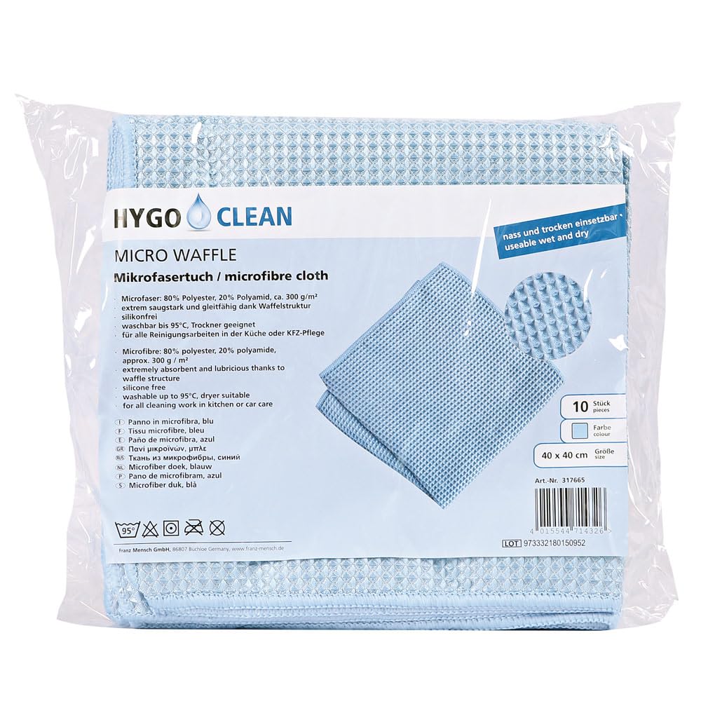 FRANZ MENSCH 50 Stück Mikrofasertücher Micro Master Waffle blau | Polyester/Polyamid, L: 40 cm, B: 40 cm, 300 g/m², Karton, Reinigungstücher, Poliertuch, Microfaser, Küchentücher, Autotücher
