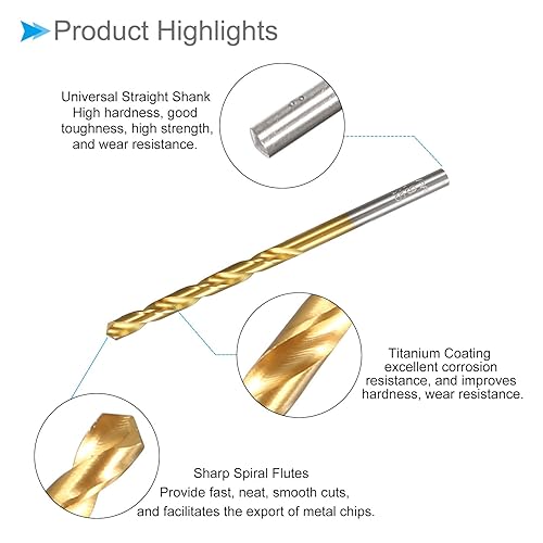 Miniatura 5 de Brocas helicoidales, diámetro de perforación de 0.154 in, acero de alta velocidad recubierto de titanio 6542 vástago redondo recto - (aplicaciones