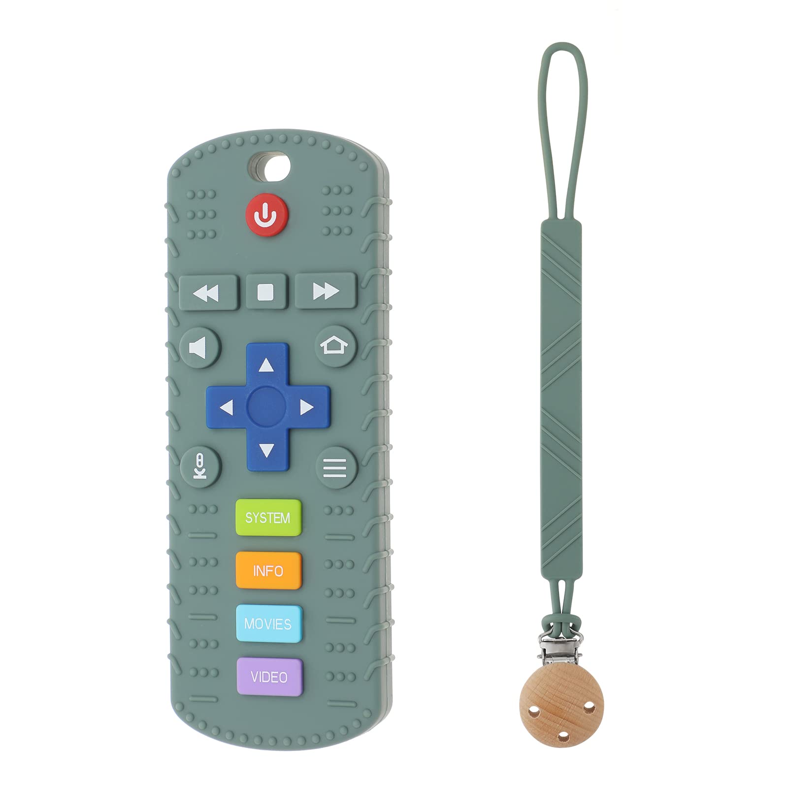 Pacifier Clip Holder + TV Remote Control Shape Silicone Teether Chew Toys for Toddlers, BPA Free (Hunter Green)