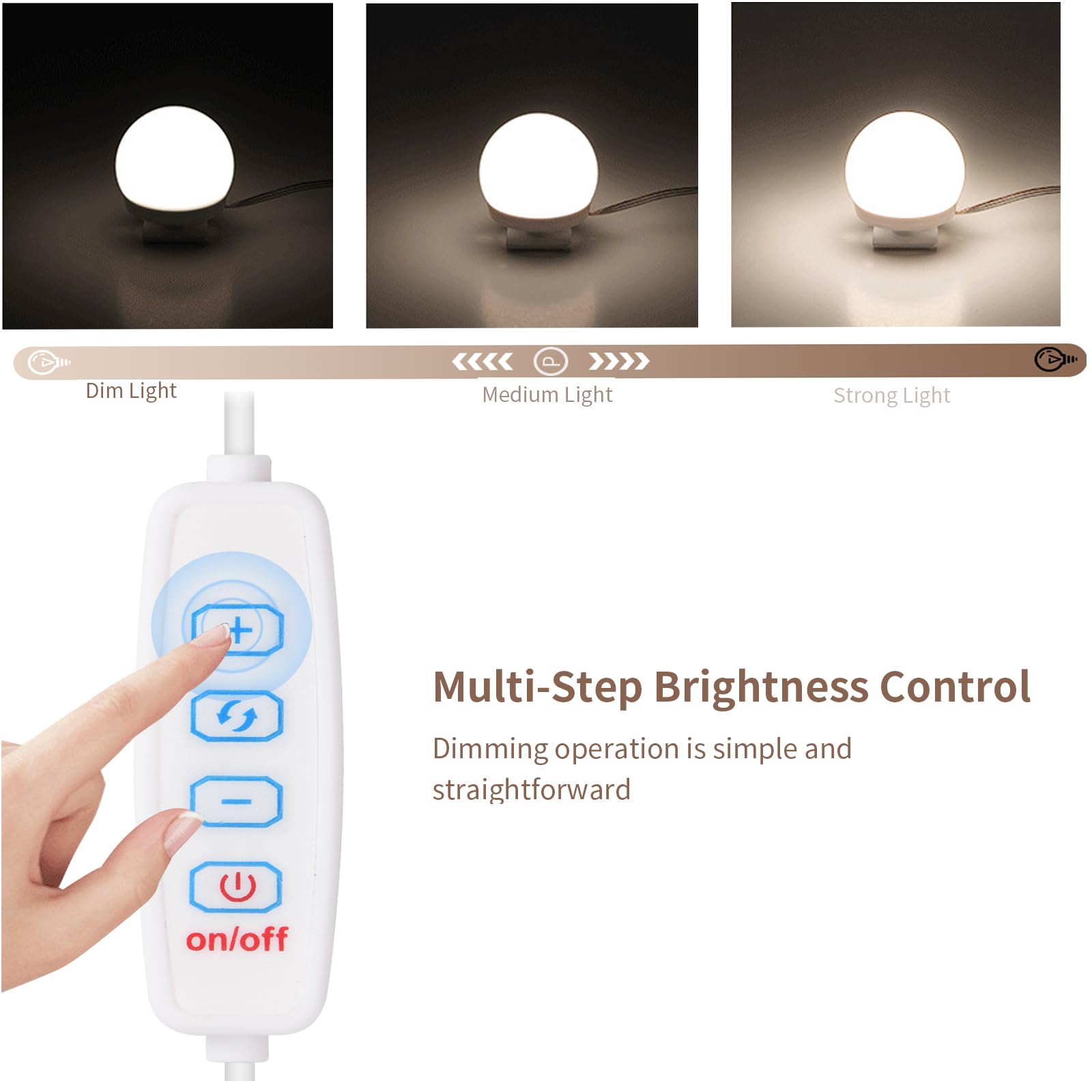 Lumière de Miroir Hollywood - Kit de 10 Ampoules LED Dimmables pour Coiffeuse - 3 Couleurs d'Éclairage - Lampe Amovible pour Maquillage