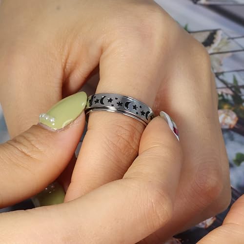 Miniatura 5 de OreilleStar - Anillo de mujer para la ansiedad, juguetes giratorios antiestrés para adultos, acero inoxidable, plateado, luna y estrella