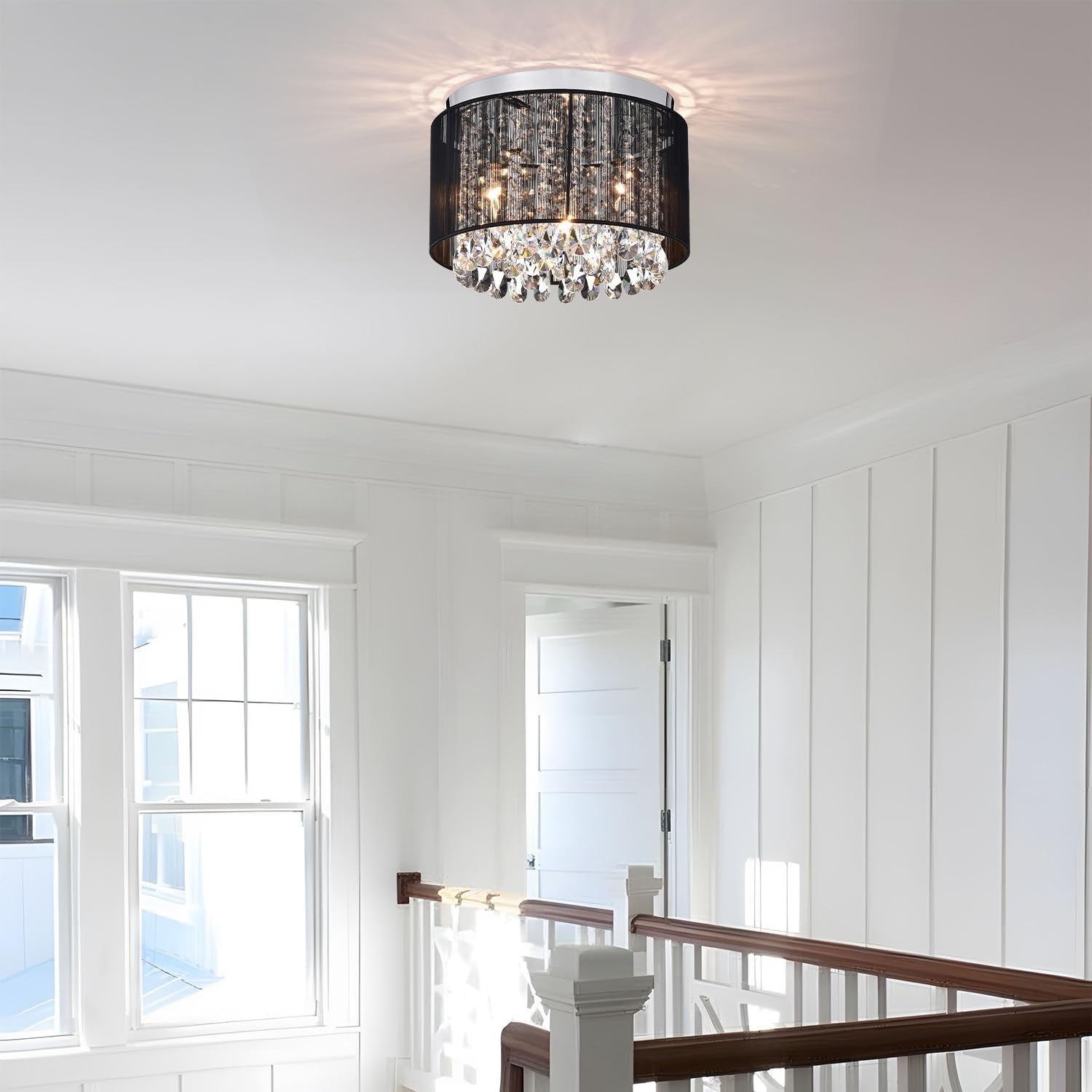 LaLuLa Black Mini Crystal Flush Mount Ceiling Light - 3-Light Drum Chandelier for Bedroom, Hallway, or Living Room, Small Modern Lighting Fixture with Crystal Accents