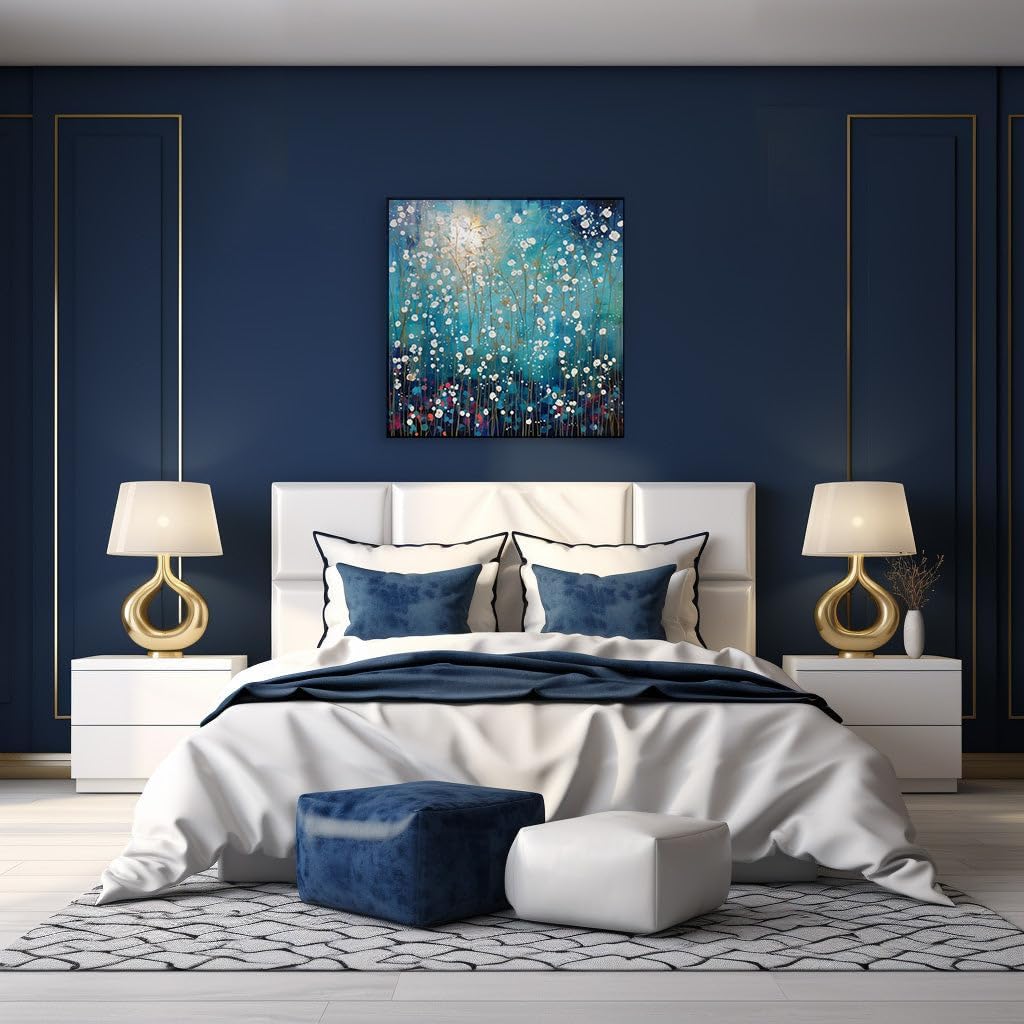 Canvas for Living room. Whispering Meadows: Alicia's Tapestry of Gold and Midnight Blue, 27 x 18 inch Canvas Wall Art - Ready to Hang - 69x46 cm (27x18 inch)