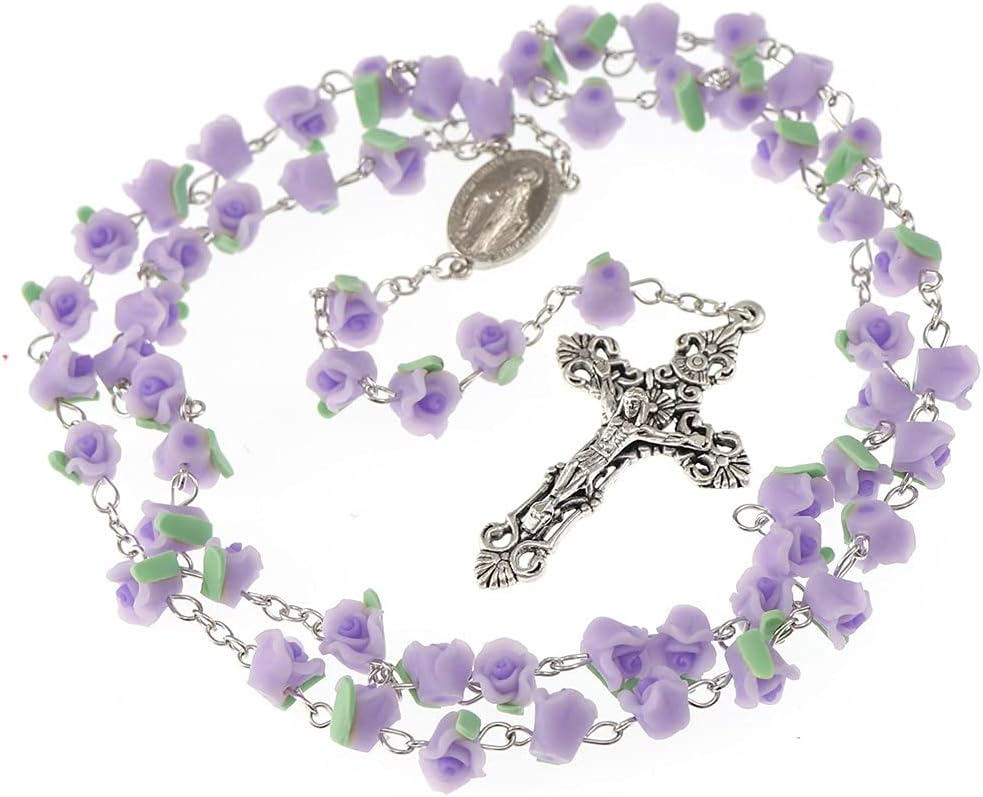 Rosary Beads Catholic - 6 Color, Confirmation Gifts for Teenage Girl, Polymer Clay Rose Necklace Jewelry, Silver Alloy Cross Necklace for Women, Gifts for Women