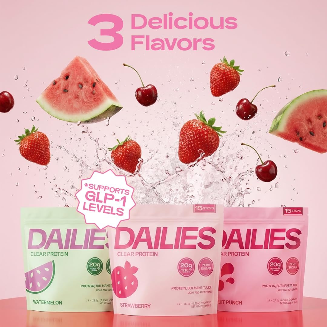 DAILIES Clear Protein Powder, Sugar Free Flavor, 20g Whey Isolate & 100 Calories per Serving, Light & Refreshing Protein Shake Drink Mix for Pre or Post Workout, 15 On the Go Stick Packs (Strawberry)