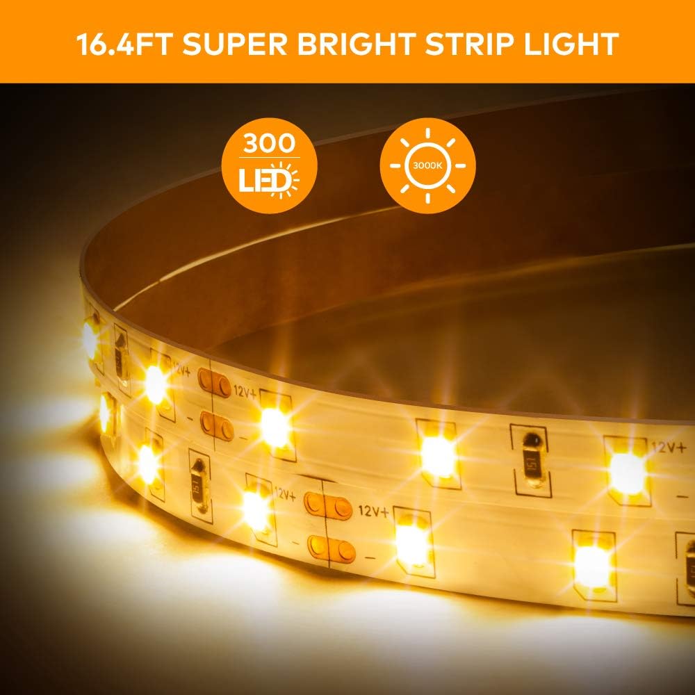 MINGER Dimmable LED Strip Lights, 3000K Warm White 16.4ft Flexible LED Light Strip for Room Under Cabinet Christmas Lighting, 300 LEDs Tape Light with ETL Listed Power Supply