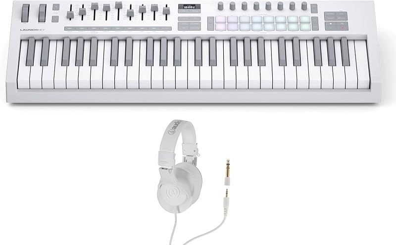 Paquete de ahorro de audio: Novation Launchkey 49 MK4 blanco Paquete de controlador de teclado MIDI Ableton Live de 49 teclas con auriculares profesionales cerrados con monitor dinámico ATH-M20XWH (2 artículos)