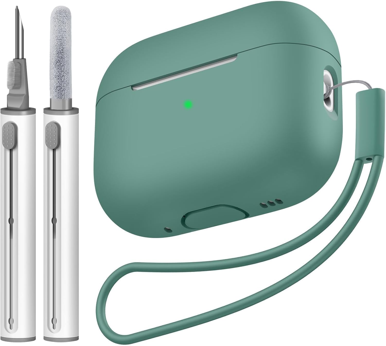 Compatible with Airpods Pro 2 Case, Soft Silicone Skin Cover Protective Cases with Cleaner kit and Lanyard Compatible for AirPod Pro 2nd Generation, Front LED Visible-Pine Green