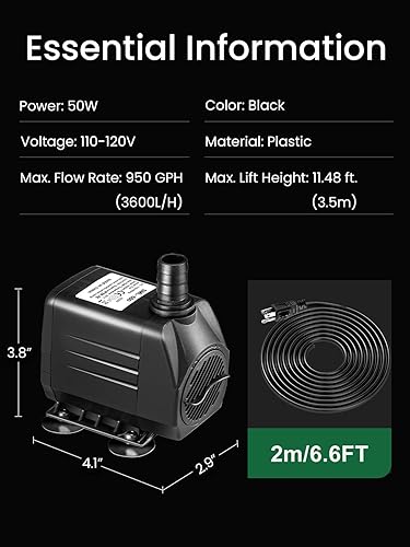 Miniatura 5 de GROWNEER Bomba sumergible de 950 GPH de 50 W, bomba de agua ultra silenciosa de 3600 lh, con elevación de 9.8 pies, 4 boquillas para acuario,