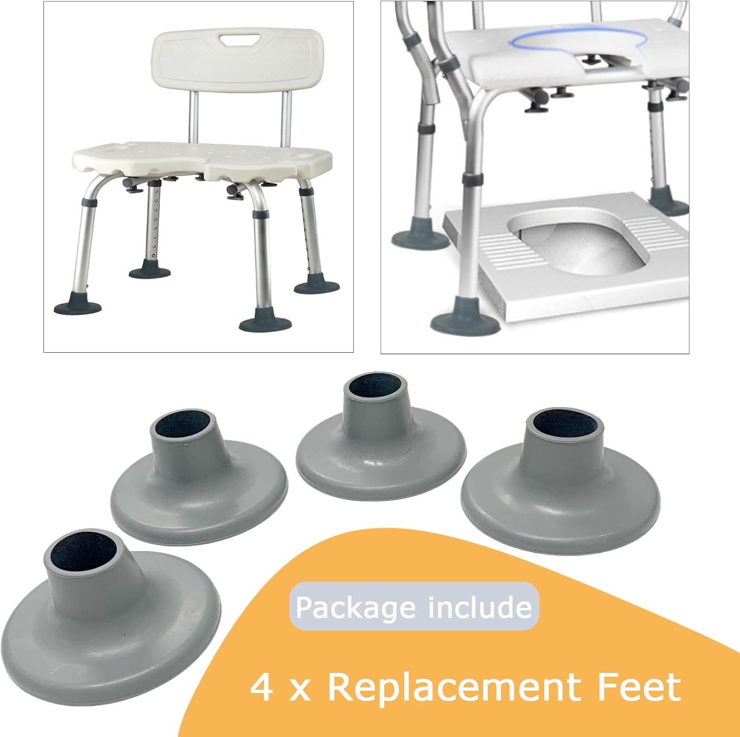 Toilet Chair Safety Replacement Feet, 1-1/8" Suction Cup Feet for Shower Stool, Shower Chair and Transfer Bench, Non-Slip Rubber Leg Caps for Elderly and Disabled, Gray, 4 Pack