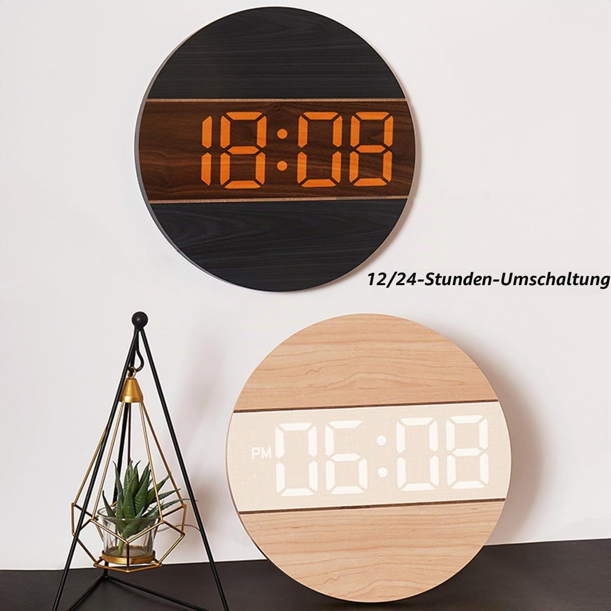Elektronische Wanduhr mit Automatisch Dimmen Stille LED Großanzeige Holz Rund 12/24 Stunden Schalter Hängend Plug-in für Zuhause Wohnzimmer Büro