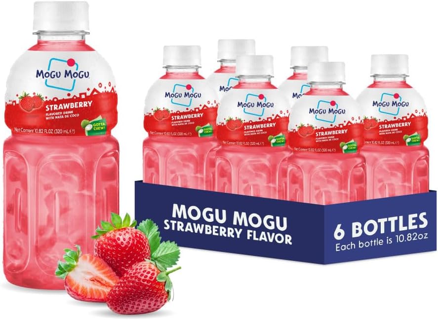 Strawberry Juice Drink with Nata de Coco (Coconut Jelly) – Chewy Fruit Beverage for Kids & Adults, 6 Pack Bottles, 10.82 fl oz Each