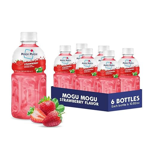 Mogu Mogu Bebida de jugo de fresa con Nata de Coco (gelatina de coco) - Bebida de fruta masticable para niños y adultos, paquete de 6 botellas,