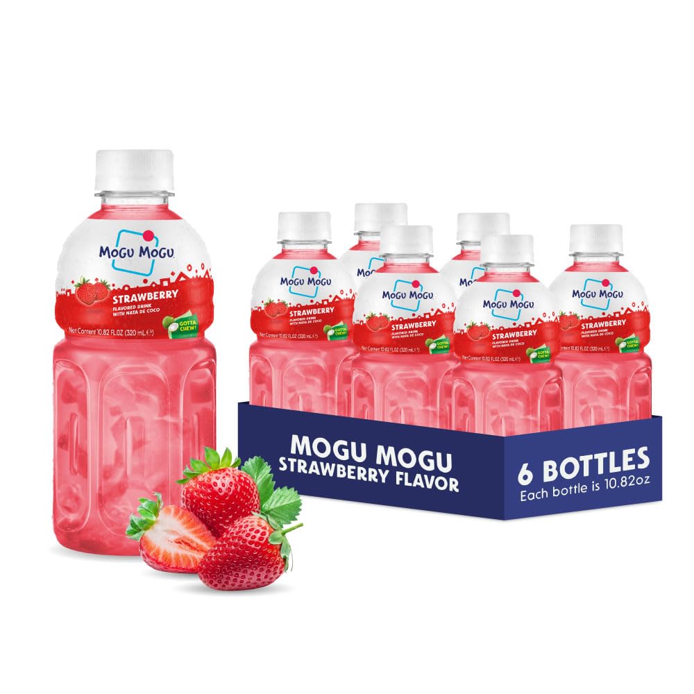 Mogu Mogu Strawberry Juice Drink with Nata de Coco (Coconut Jelly) – Chewy Fruit Beverage for Kids & Adults, 6 Pack Bottles, 10.82 fl oz Each