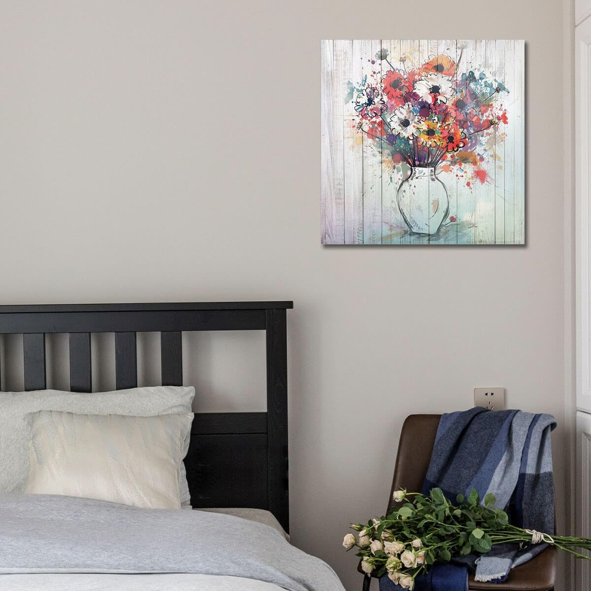 Arjun Flower Colorful Canvas Wall Art Floral Bloosom Painting Woodgrain Picture Framed Modern for Bathroom Living Room Bedroom Nursery Room Dining Room Kitchen Wall Decor, 20"x20" One Panel