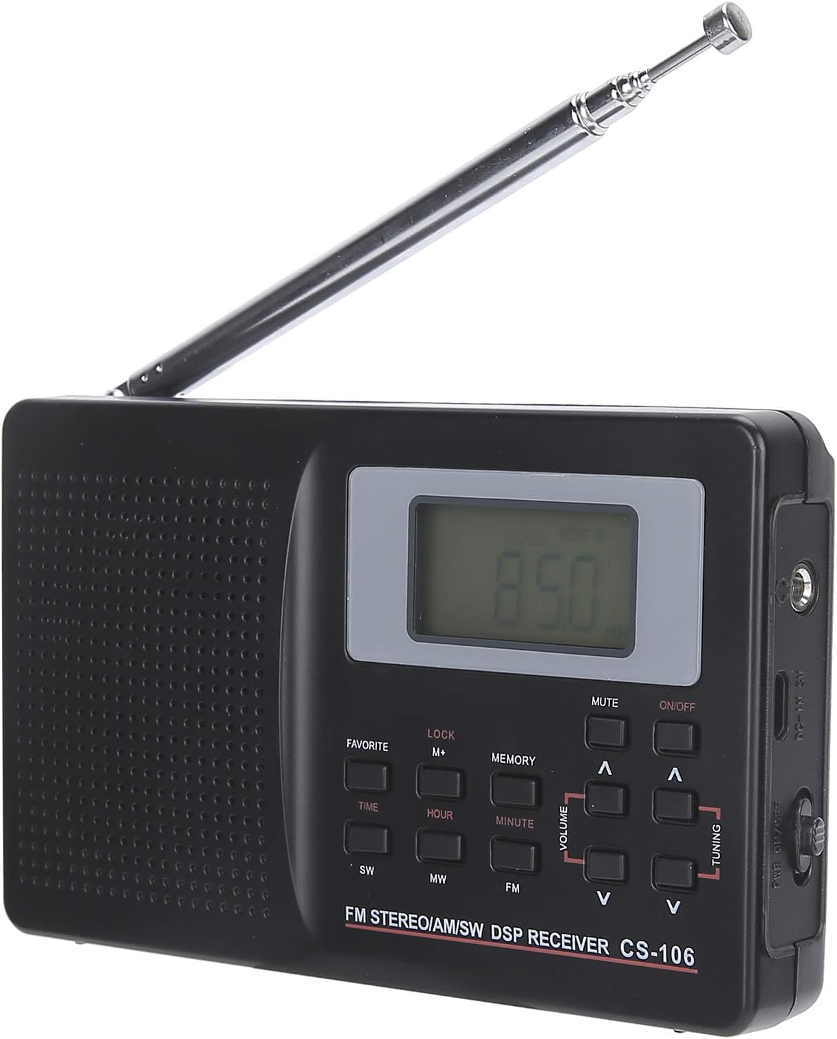 CS‑106 Portable Radio, Full Band Radio Mini FM/AM/SW/MW Receiver, Operated by 2 AA Battery, with Digital Clock Earphone, for Seniors and Home