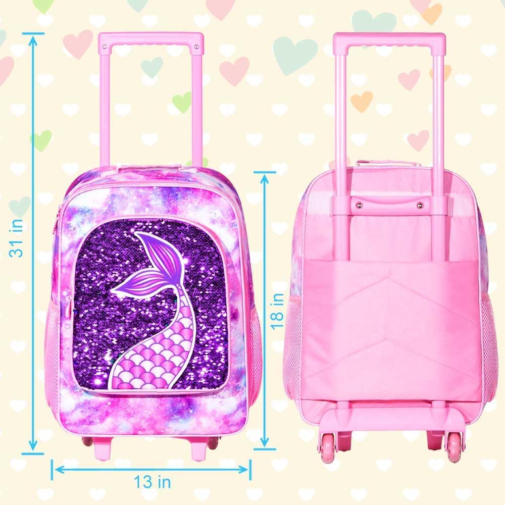 AGSDON 2PCS Kids Luggage, Suitcases for Girls, Carry on Rolling Luggage with Wheels, 18" Toddler Suitcase Set 12" with Sequin Backpack - Pink Mermaid