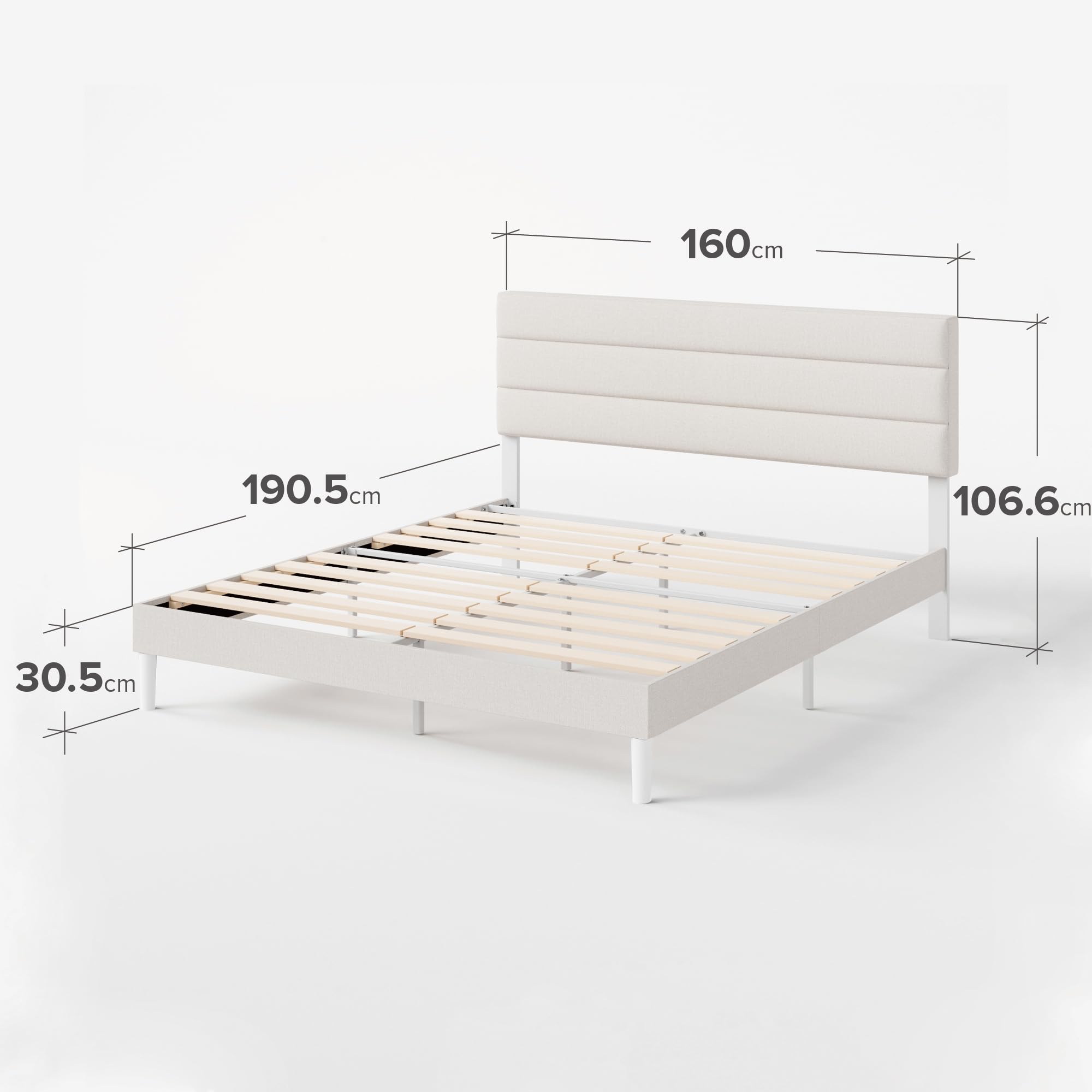 Zinus Piper Struttura Letto 160x190 cm con Testiera - Altezza 30 cm - Letto Matrimoniale Imbottito con Rete a Doghe in Legno - Facile da Montare - Bianco Sporco