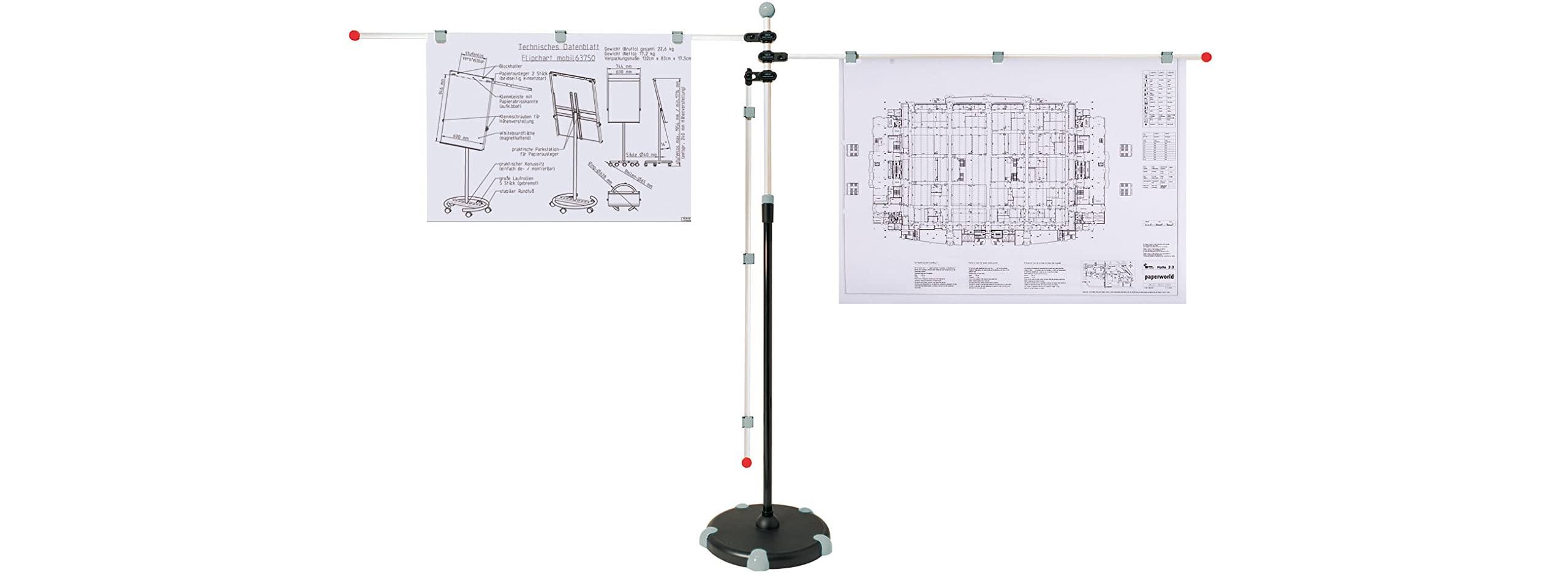 MAUL Planhalter A0 mobil silber höhenverstellbar mit Rollen | flexibel platzierbar, sichere Klemmung, magnethaftende Fläche, stabiler Rundfuß, stufenlos anpassbare Höhe, für große Pläne