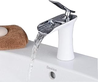 Rubinetto Lavabo Bagno, Cascata Miscelatore Lavabo Rubinetto, Fredda e Calda Regolabile Monocomando Rubinetto, Pittura bianca e Chrome, Beelee BL9009W