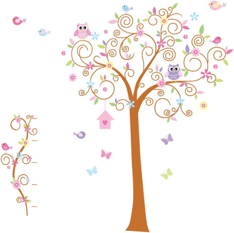 Cute Tree Wall Sticker with Flying Butterfly and Owl Nursery Wall Decal
