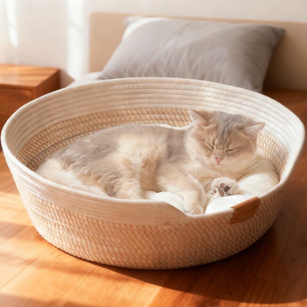 JOAASU Cat Bed with Cushion, 47cm Cotton Woven Cat Bed Basket, Washable Woven Cats Basket, Round Sleeping Nest for Small Cats & Dogs, All Season Universal, Medium, White