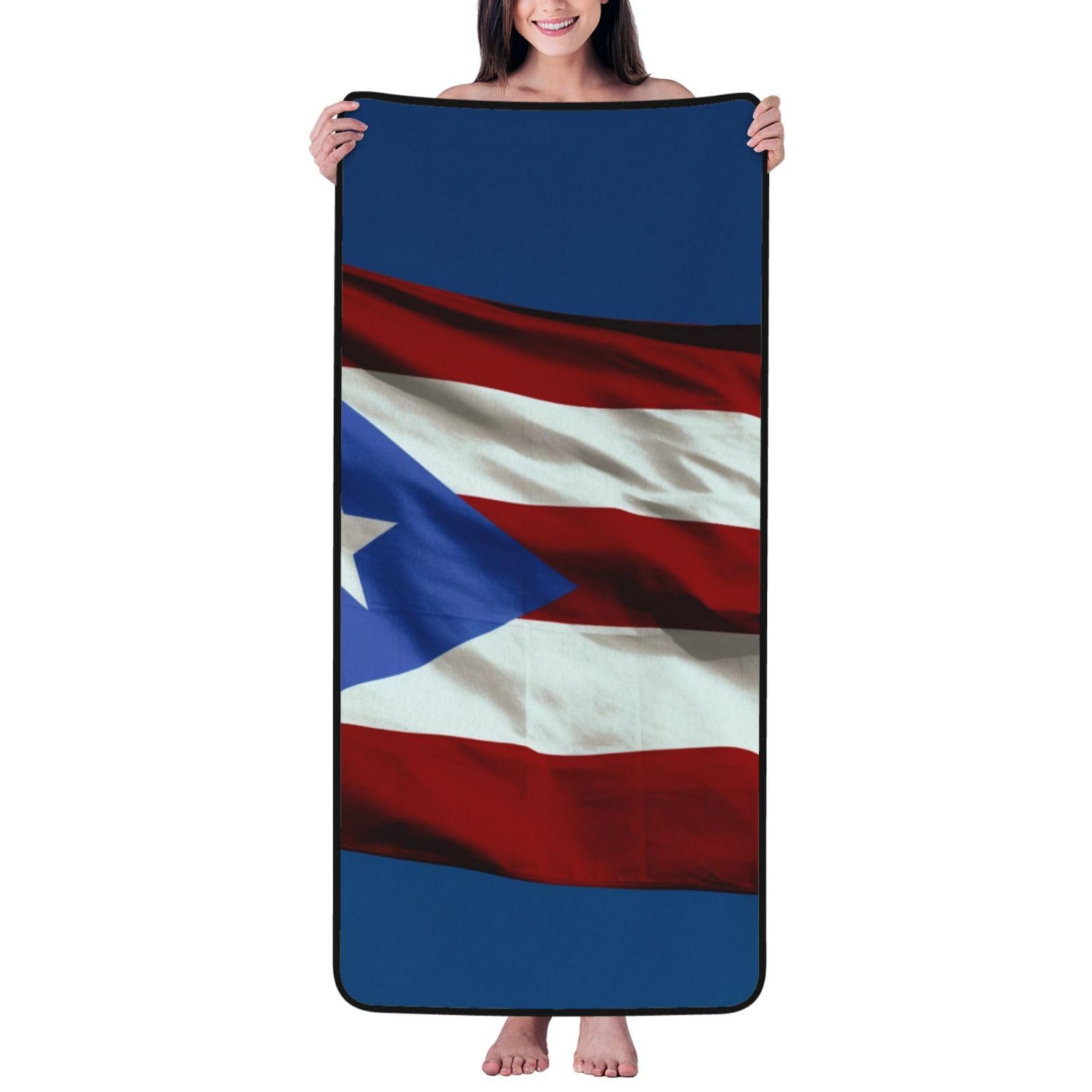 WPKJU Puerto Rico Flag Printed Bath Towel with Black Edging - 27x55 in Soft Extra Absorbent Coral Velvet Shower Towels for Bathroom