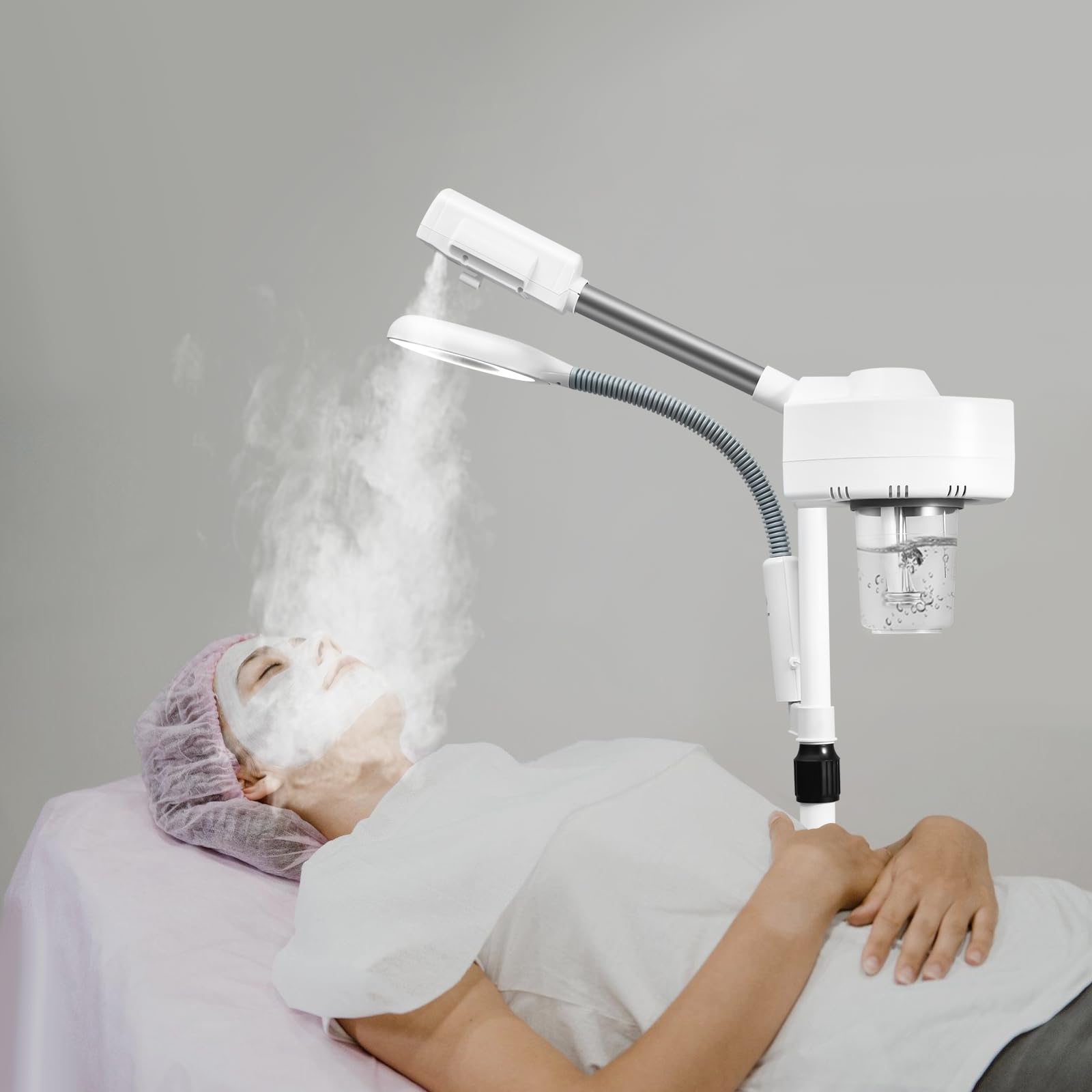 Vaporizador y lupa 2 en 1, dispositivo combinado, amortiguador facial, vaporizador de ozono, lámpara con lupa con boquilla giratoria de 360 grados, para spa, belleza, multifunción, cara