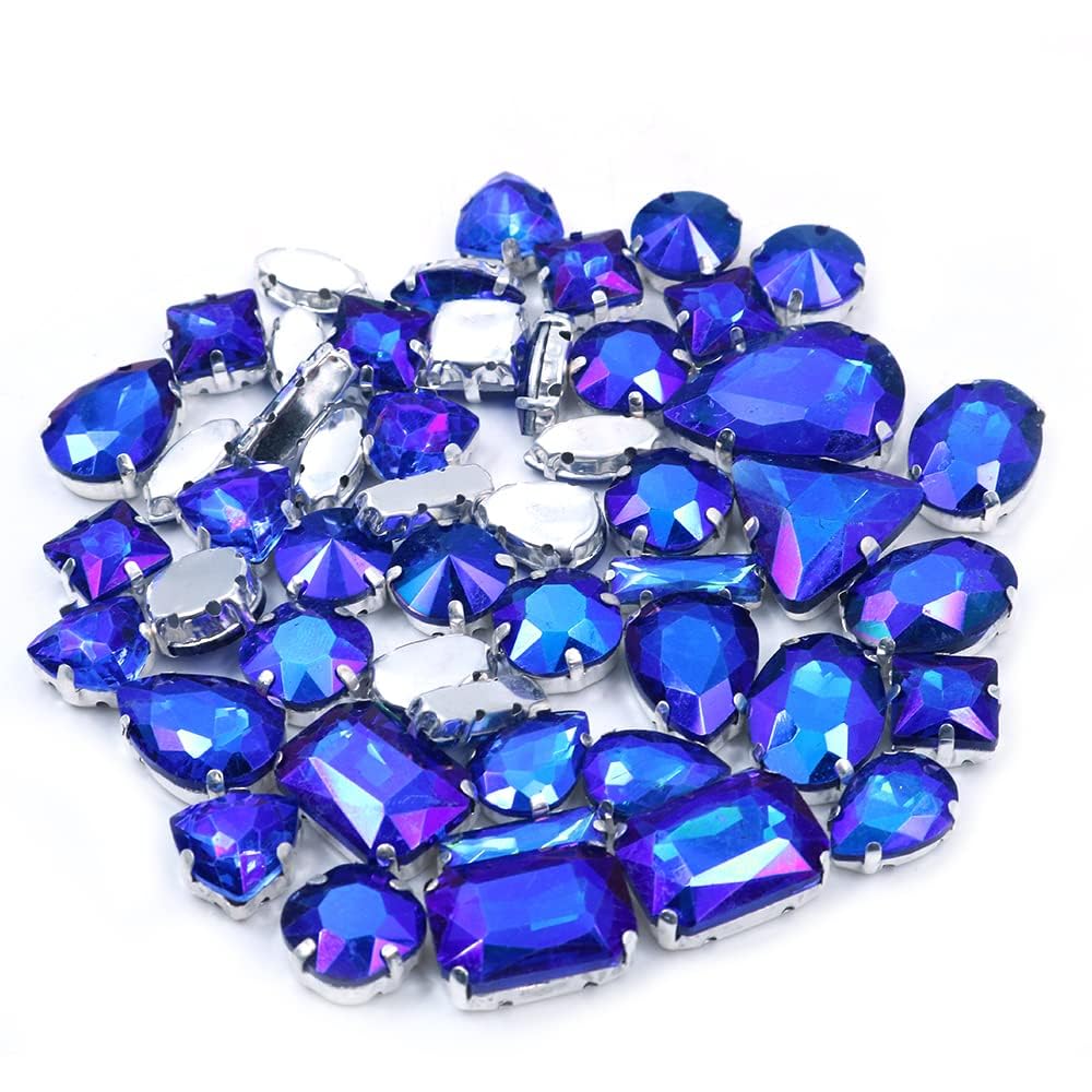 Cenpek Blue Ab 50 Pieces Ab Clear Gems Acrylic Sew On Rhinestones Faceted Flatback Crystal Buttons For Clothing Dress Decorations (Blue Ab)