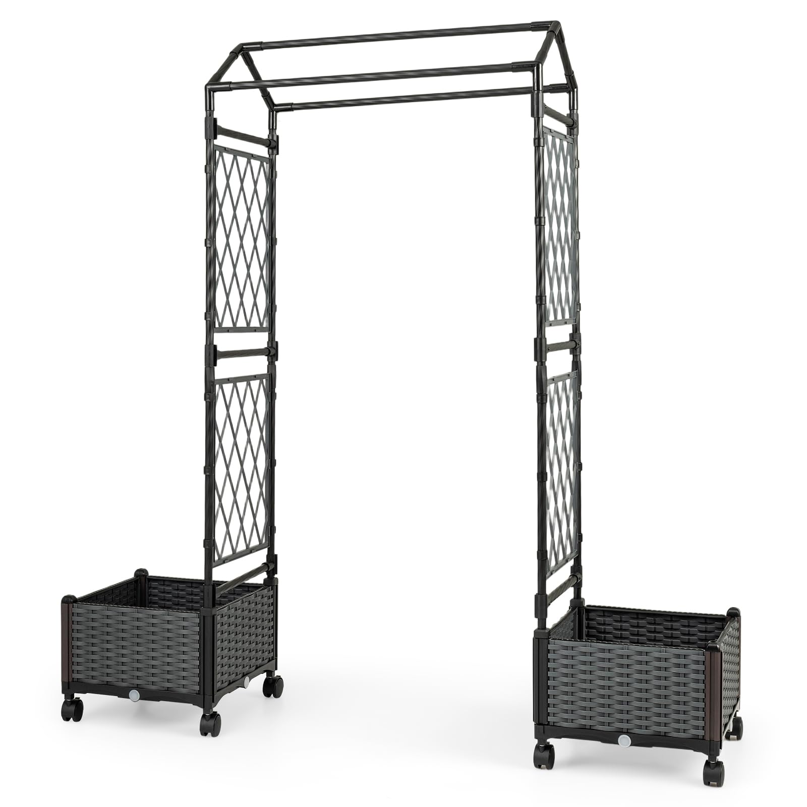 COSTWAY Blumenkasten mit Rankgitter & hängendem Dach, 163 cm, 2 in 1 Rosenbogen mit 2 Pflanzkästen, Gartenbogen auf Rollen, Metall & PP-Rattan, Rankkasten mit Spalier, für Kletterpflanzen (Grau)