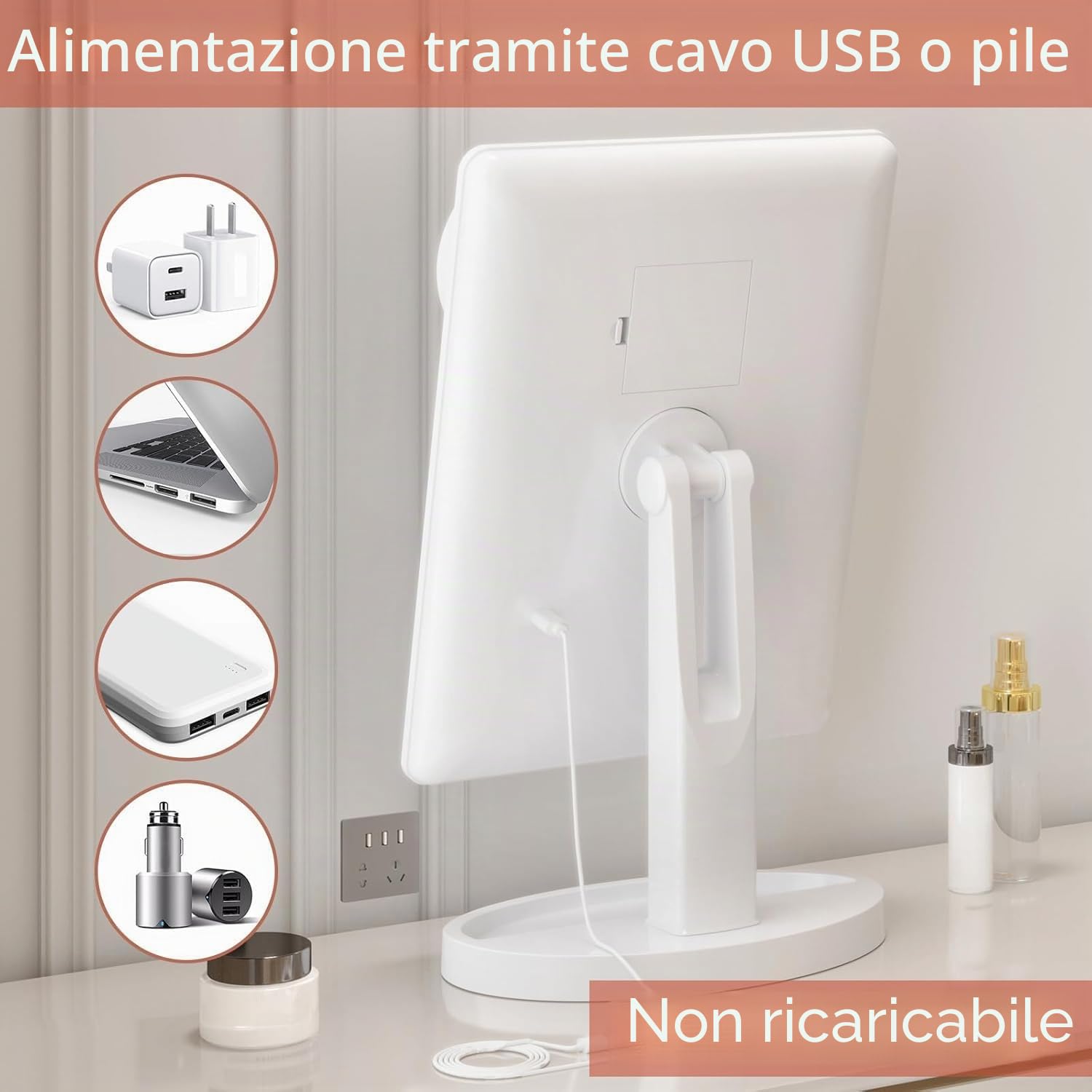 FUNTOUCH - Specchio grande per trucco illuminato con 88 LED, touch screen rotante a 360°, ingrandimento 10x, specchio cosmetico portatile da tavolo per il trucco