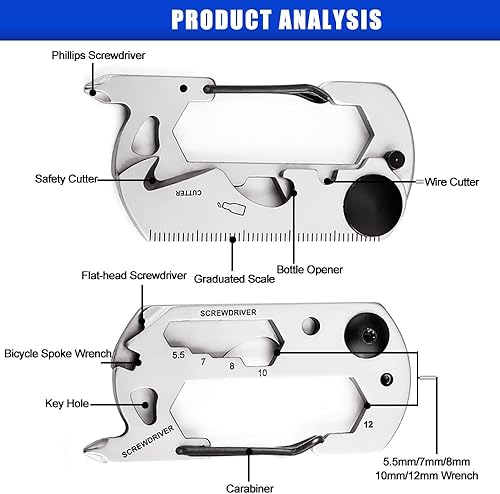 Miniatura 2 de Multiherramienta de acero inoxidable, 10 herramientas en 1 llavero abridor de botellas multiherramienta con tornillo, regla y cabeza Philips,