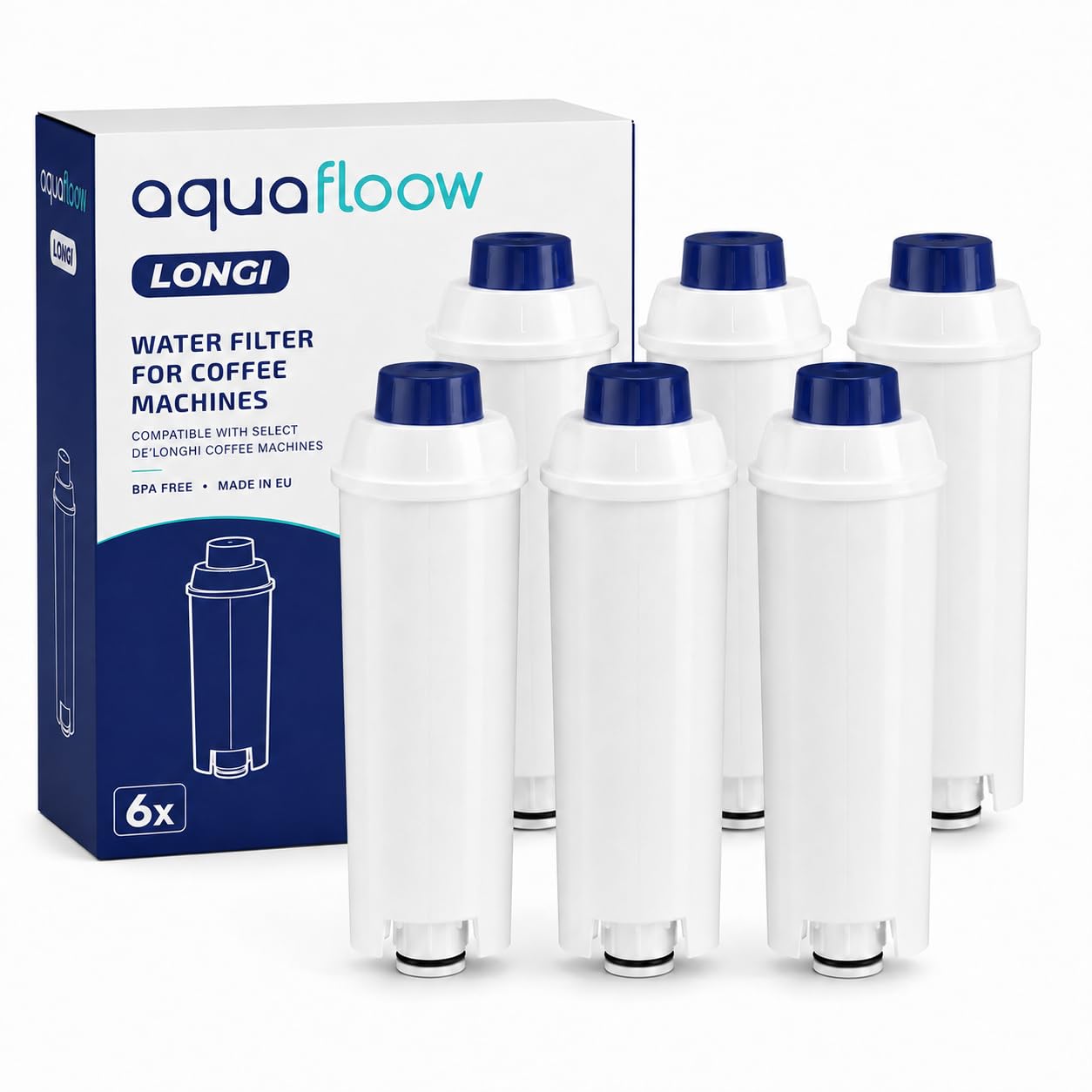 Aquafloow Wasserfilter Kaffeevollautomat für DeLonghi DLSC002 Kompatibel mit DeLonghi® Magnifica® S, Eletta® Explorer, Dinamica® PrimaDonna® und ECAM-Serie Kaffeemaschinen und Espressomaschinen (6x)