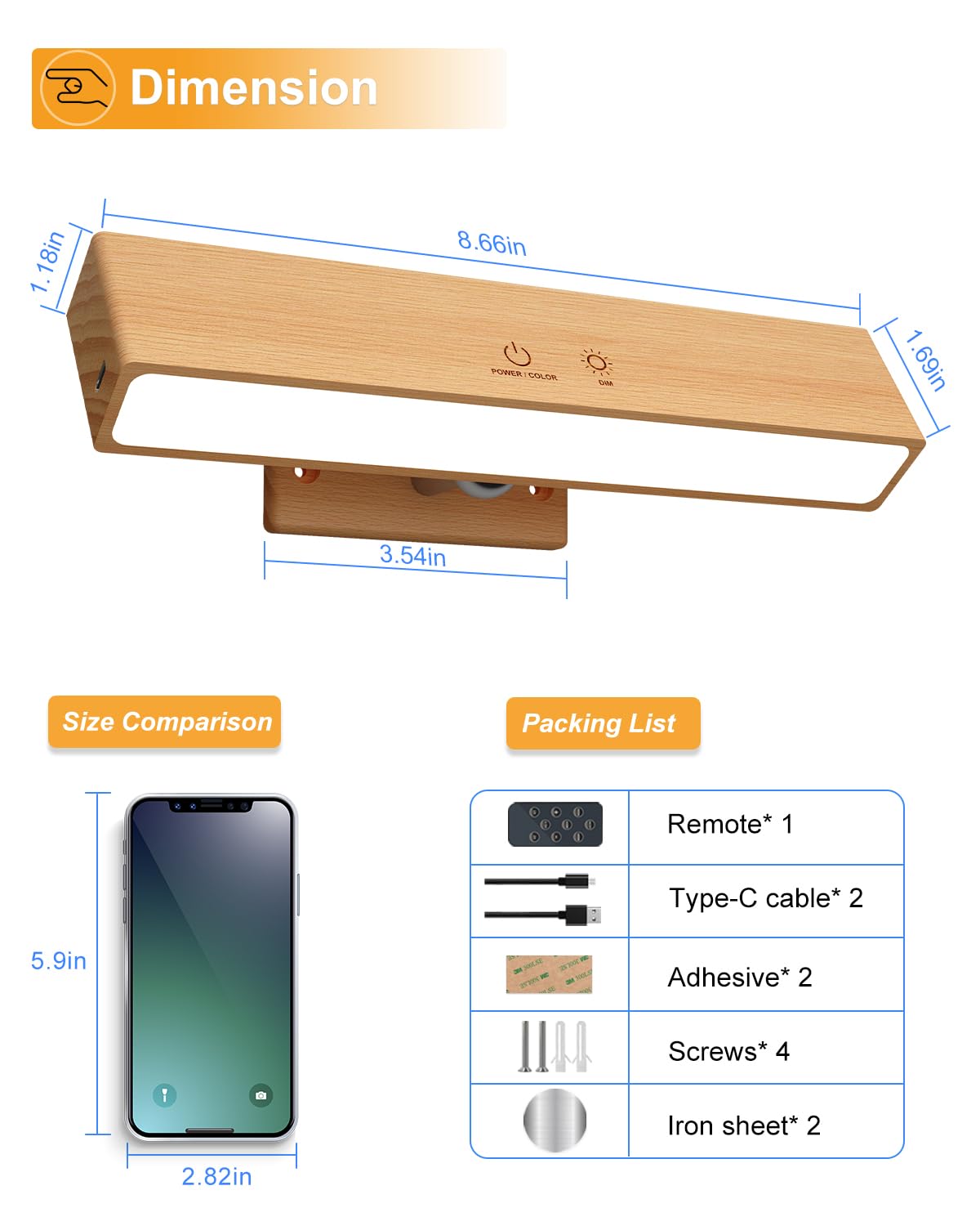 Lampe Murale sans Fil avec Télécommande Tactile, USB Rechargeable, 3 Températures & RGB, Intensité Variable, Rotative 360°, 2 PCS