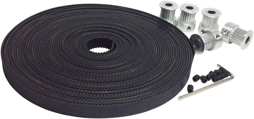 2GT Open Ended Timing Belt Motor Drive Belt Width=9mm Rubber with Fiberglass Core for 3D Printer Pack of 5Meters & 5pcs GT2 Aluminium Timing Belt Pulley 20 Teeth 6.35mm Bore