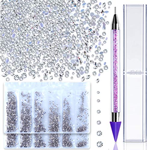 Teenitor 3456 Pcs Nail Crystal Rhinestones With Wax Pen Picker, 6 Sizes Round Glass Flat Back Diamonds Beads Gems For Nail Art Craft DIY Dress (SS3 4 5 6 8 10) 576 Pieces Per Size