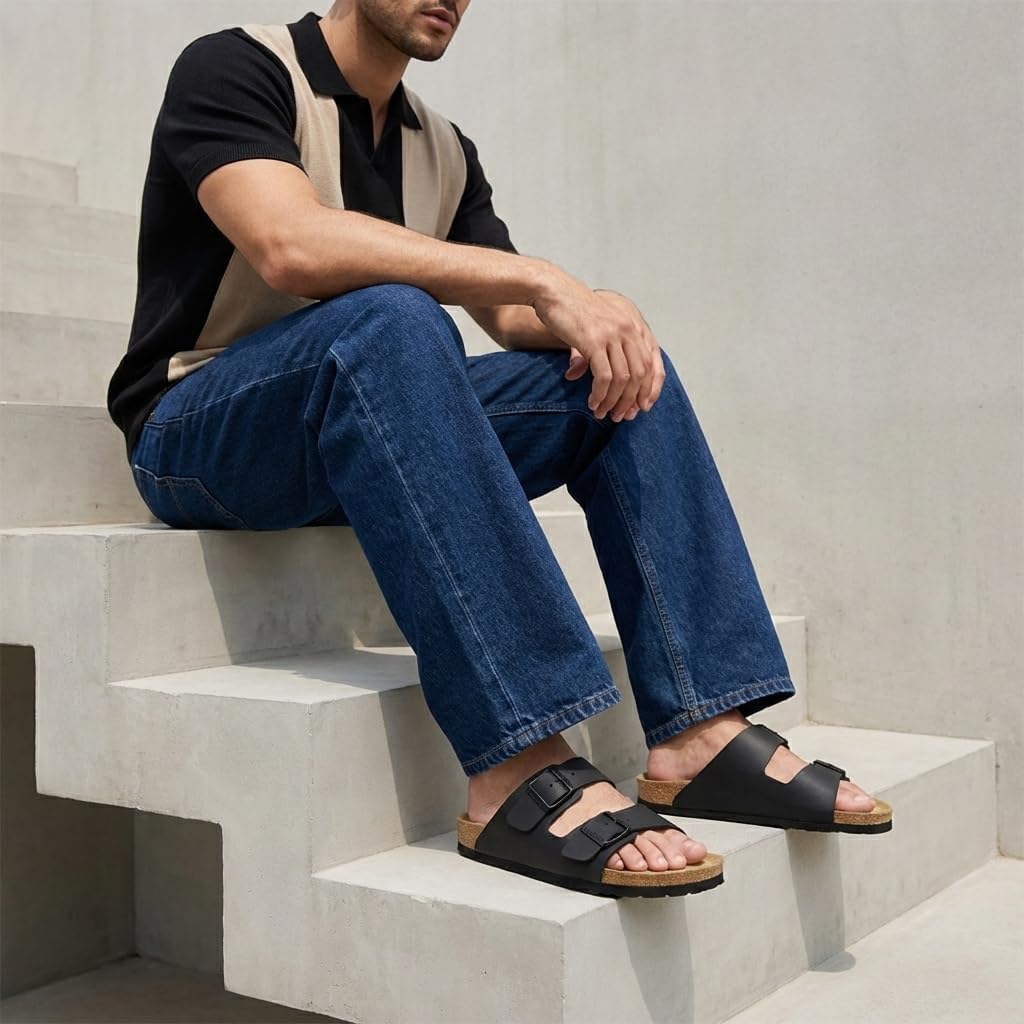 CUSHIONAIRE Lane Cork Footbed Mens Sandals, Adjustable Buckle Comfort Slides for Men, Genuine Leather Insole Summer Sandals Men Footwear - Image 3
