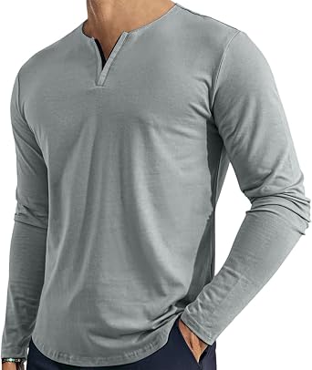 Mens Casual Long Sleeve Shirts Comfortable V Neck Solid Color Classic Tops Dressy Big and Tall Shirt Clothes