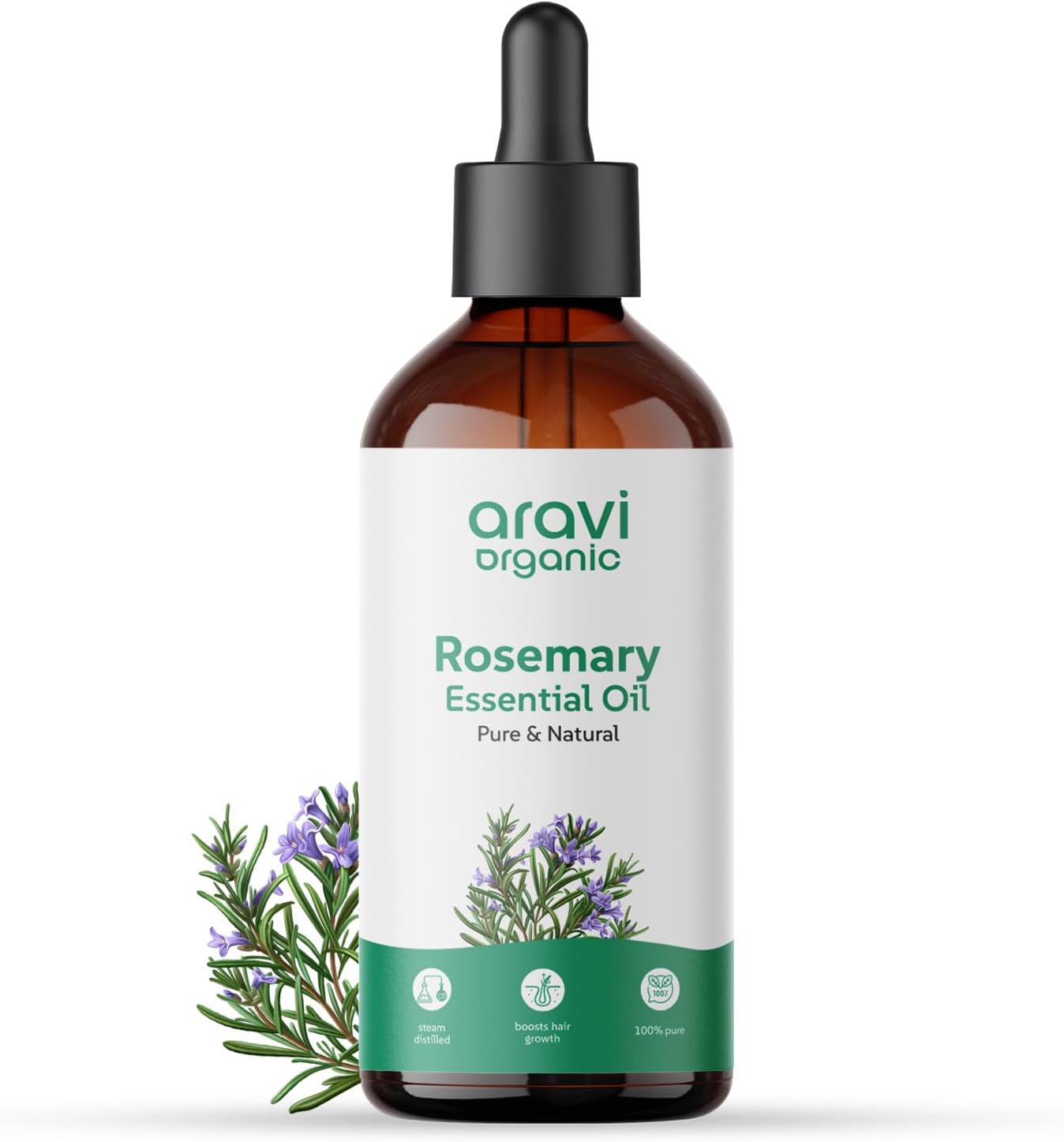 Aravi Organic 100% Pure And Natural Rosemary Essential Oil for Hair Growth, Hair Fall Control, Hair Nourishment & Strengthens And Skin Care - Rosemary Oil for Women and Men - 3.3 FL Oz / 100ml