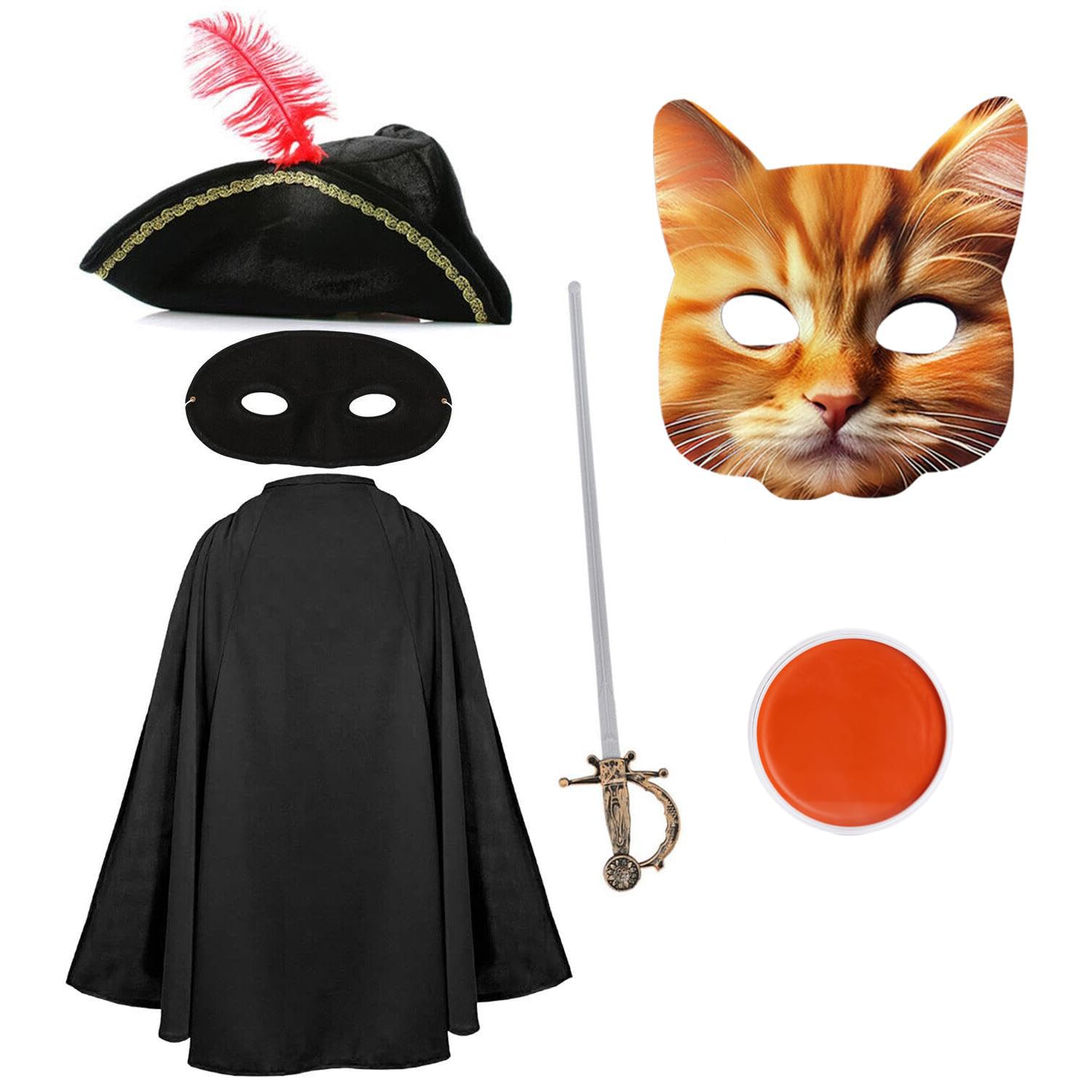 Kids Cat Bandit Costume - Black Cape, Tricorn Hat, Orange Cat Mask, Eye Mask, Fake Sword, Orange Facepaint - Childs Boys Girls TV Film Fancy Dress Costume